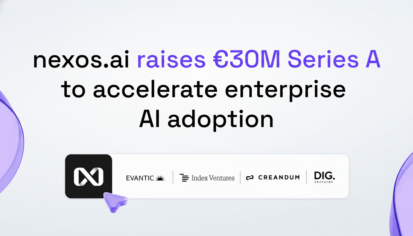 An image announcing that n exos.ai has raised €3 0M in Series A funding to accelerate enterprise AI adoption, with logos of investing companies Evantic, Index Ventures, Creandum , and DIG .ventures displayed below .