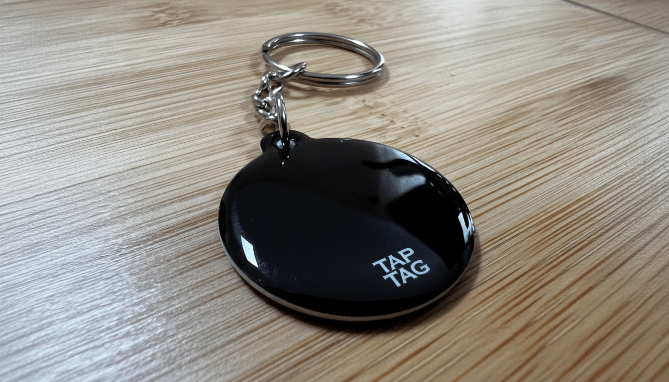 A black, circular Tap Tag keychain with a silver keyring, resting on a wooden surface.