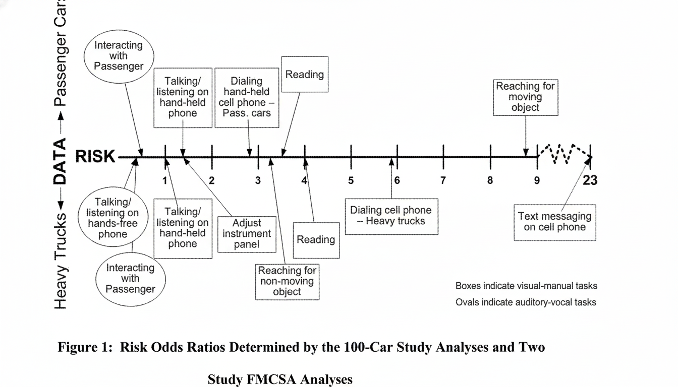 A professional, enhanced image of a risk odds ratio chart, resized to a 16:9 aspect ratio. The chart displays various driving tasks for passenger cars and heavy trucks, categorized by their associated risk levels. Tasks like Interacting with Passenger, Talking/listening on hands-free phone, Reading, and Text messaging on cell phone are plotted along a horizontal axis representing increasing risk, with numerical values from 1 to 23. Boxes indicate visual-manual tasks, and ovals indicate auditory-vocal tasks. The background remains unchanged to preserve the original context of the data.