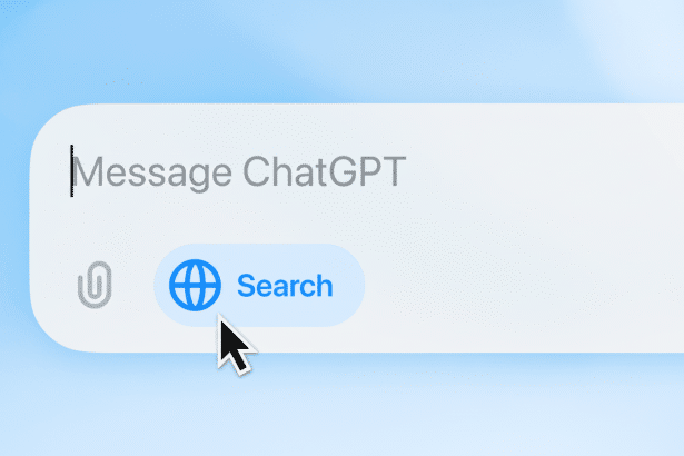 A professional 16:9 image showing a message input field with Message ChatGPT and a search button with a globe icon.