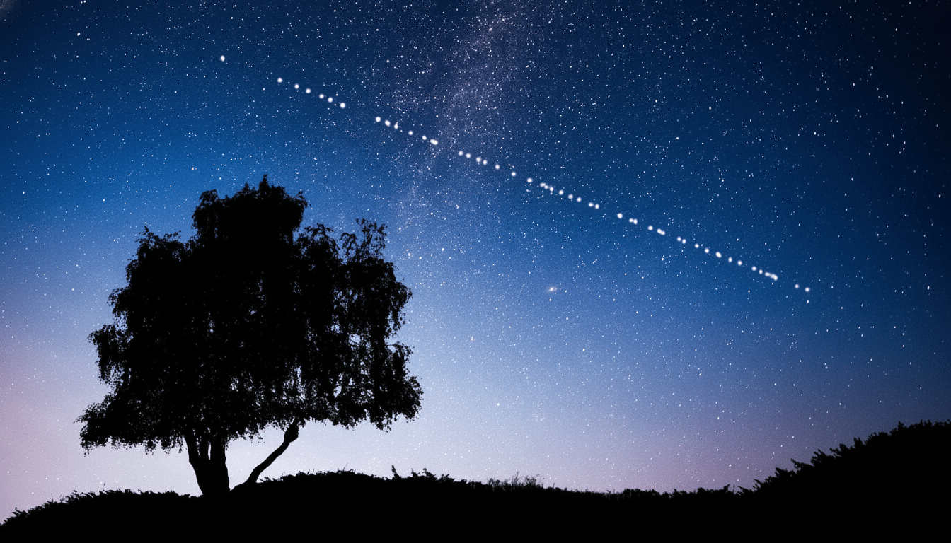 A night sky with a tree silhouette and a trail of satellites .