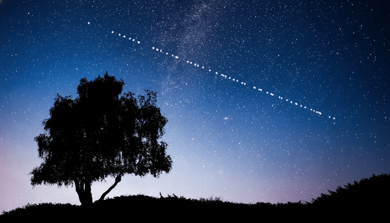 A silhouette of a tree and a small hill against a night sky filled with stars and a visible string of satellite lights, resized to a 1 6:9 aspect ratio. Filename : night skytree starlink 16 9.png