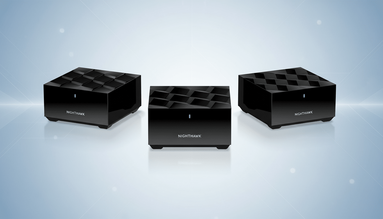 Three black Nighthawk Wi -Fi extend ers arranged on a blue gradient background with subtle abstract patterns. Filename : nighthawk ext endersprofessional .png