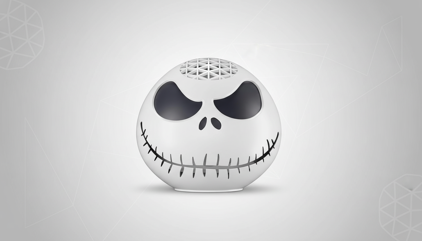 A white, spherical speaker designed to look like Jack Skellingtons head, with black eye sockets and a stitched mouth, set against a professional light gray background with subtle geometric patterns.