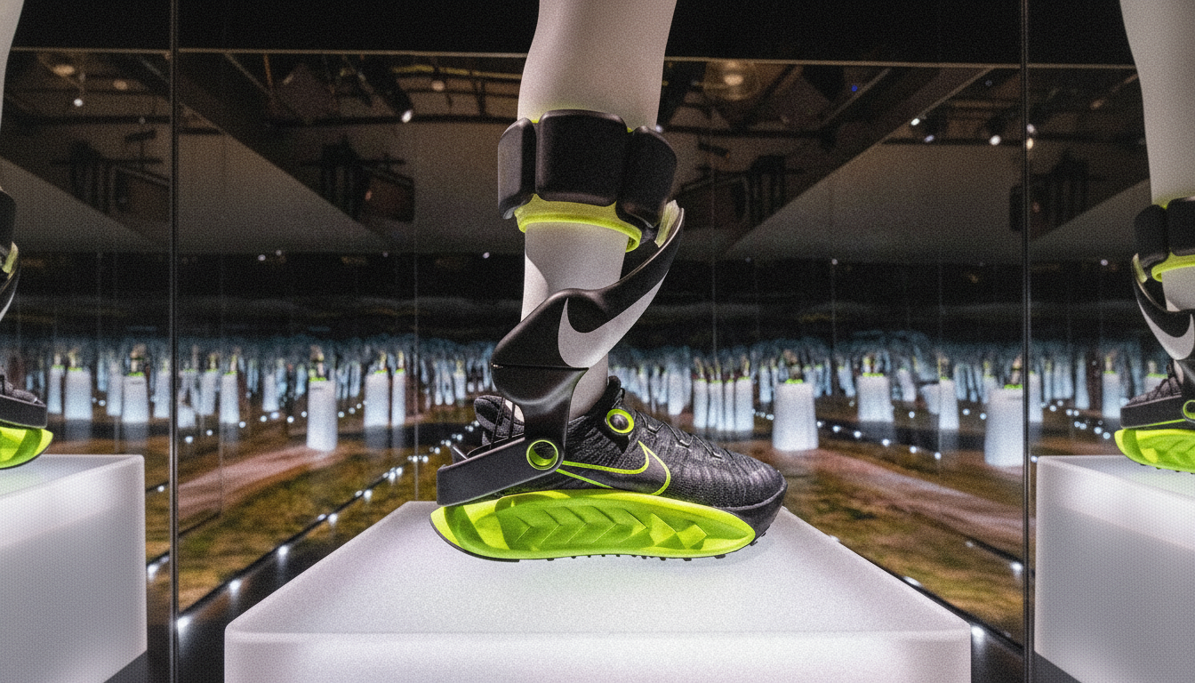 A black and neon green Nike shoe with an ankle brace, displayed on a white pedestal in a mirrored room.