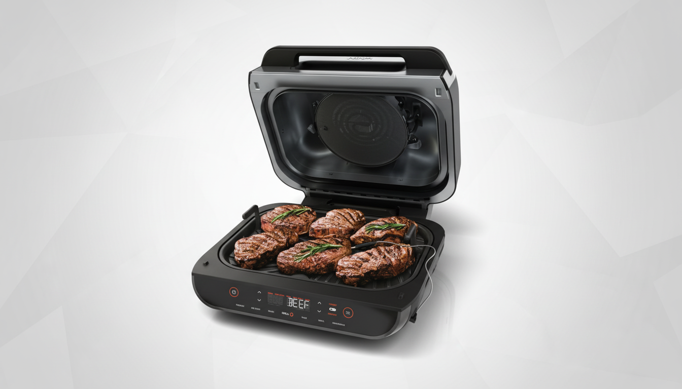 A Ninja Foodi Smart XL 6-in-1 Indoor Grill with six grilled steaks on the grates, set against a professional flat design background with soft patterns.