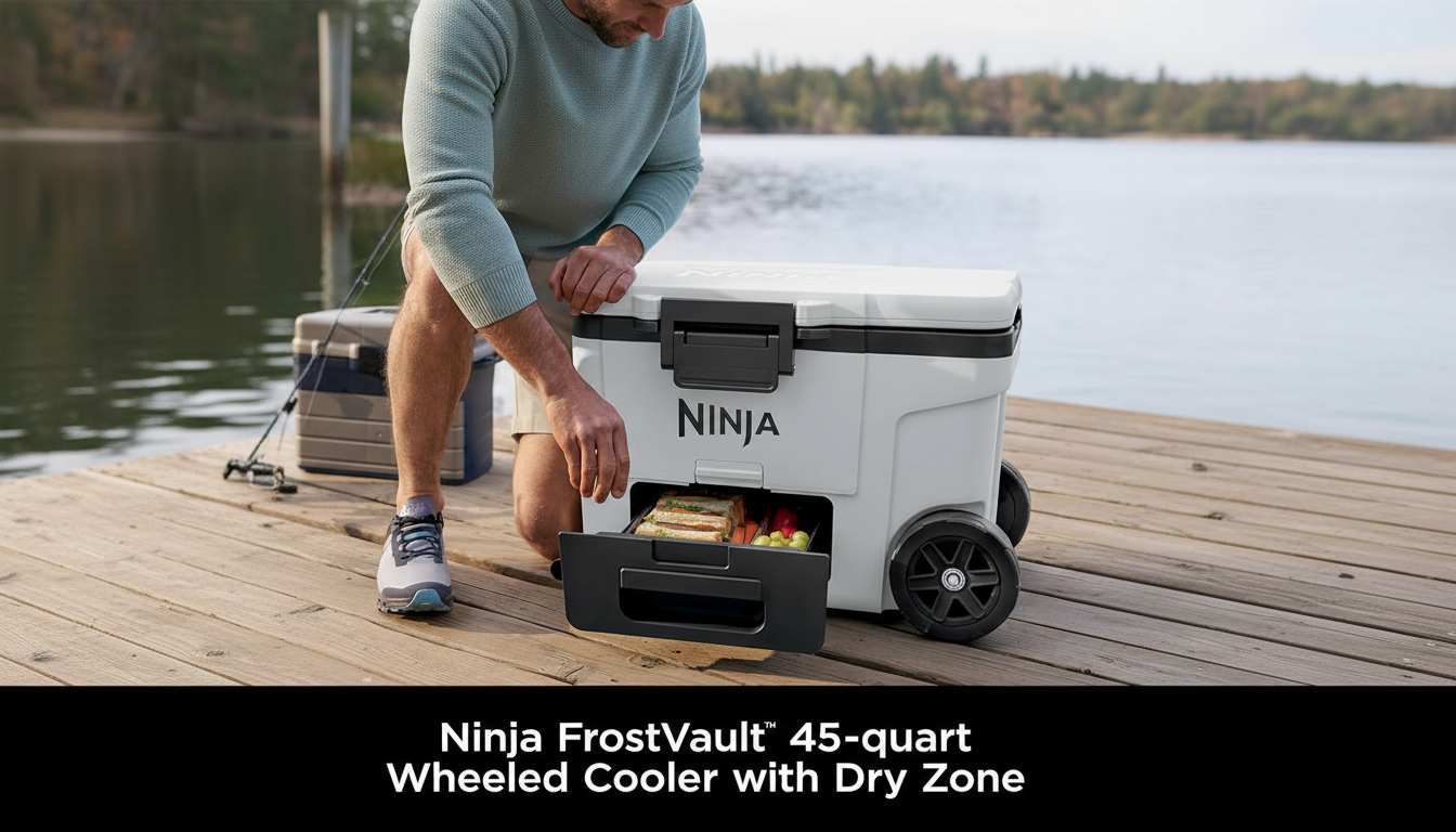 A man kneeling on a wooden dock next to a white Ninja FrostVault 45-quart wheeled cooler with a dry zone drawer pulled out, revealing sandwiches and snacks. A body of water and trees are in the background.