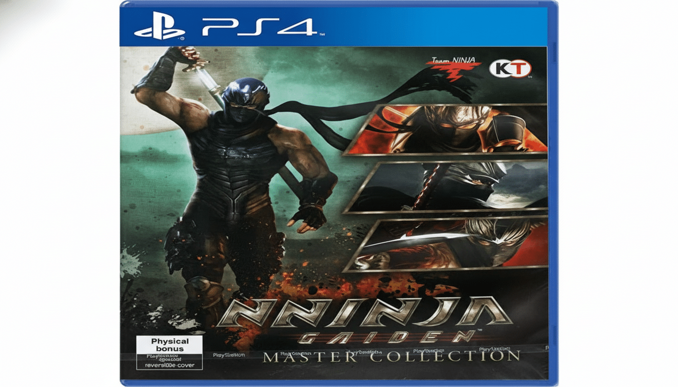 A professional , enhanced image of the  Ninja Gaiden Master Collection PS 4 game cover , featuring the main character Ryu Hay abusa in a dynamic pose, set against an explosion of fire and dark tones , resized to a 1 6:9 aspect ratio. Filename : ninjaga idenmaster collectionps4 . png
