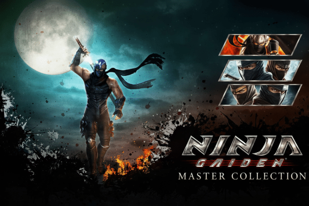 A promotional image for the Ninja Gaiden Master Collection showing a ninja in a blue mask and dark suit holding a glowing sword, with a large moon in the background and smaller character portraits on the right.