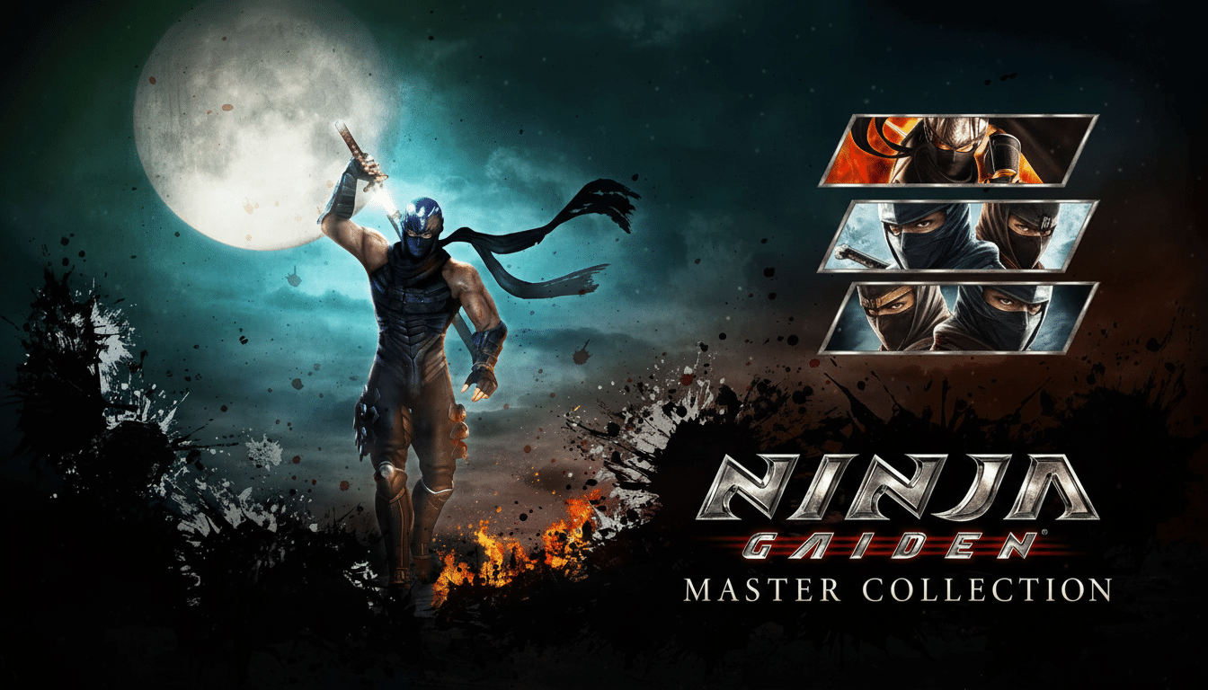 A promotional image for the Ninja Gaiden Master Collection showing a ninja in a blue mask and dark suit holding a glowing sword, with a large moon in the background and smaller character portraits on the right.