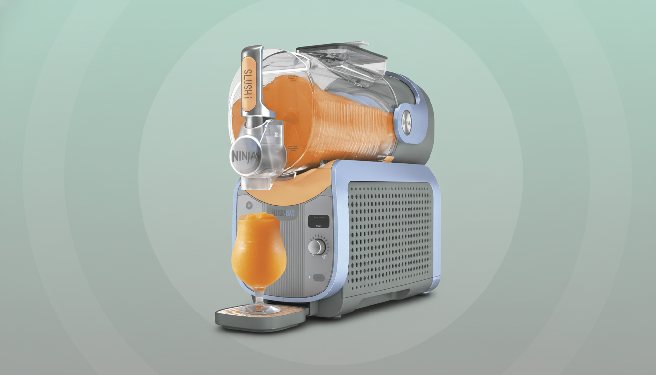 A Ninja SlushMax machine with a glass of orange slushy in front of it, set against a professional flat design background with soft green and blue gradients.