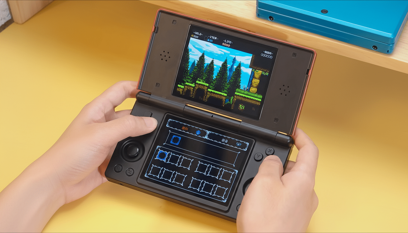 A person's hands holding a red and black Nintendo 3DS XL , playing a retro - style platform er game on the top screen and navigating an inventory on the bottom touch screen, set against a clean , professional background.