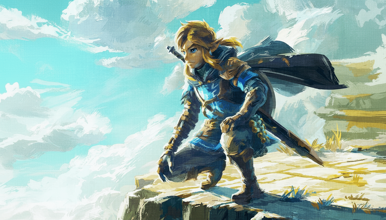 Link from The Legend of Zelda: Tears of the Kingdom crouching on a cliff edge, looking out towards a bright, cloudy sky.
