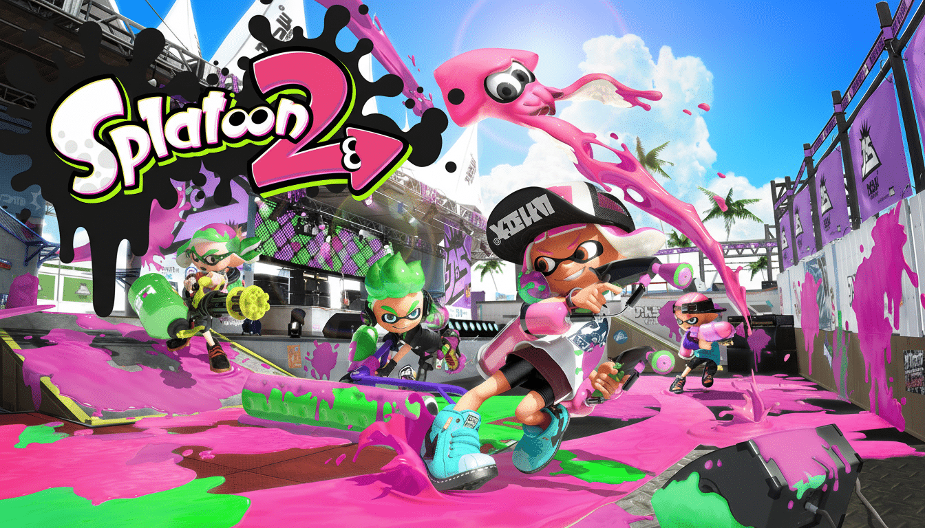 The colorful cover art for the video game Splatoon 2, featuring several inkling characters and a squid spl attering pink and green ink.