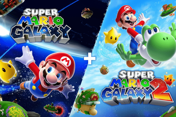 The resized and enhanced cover art for Super Mario Galaxy and Super Mario Galaxy 2, presented in a 16: 9 aspect ratio, featuring Mario, Yoshi, and var