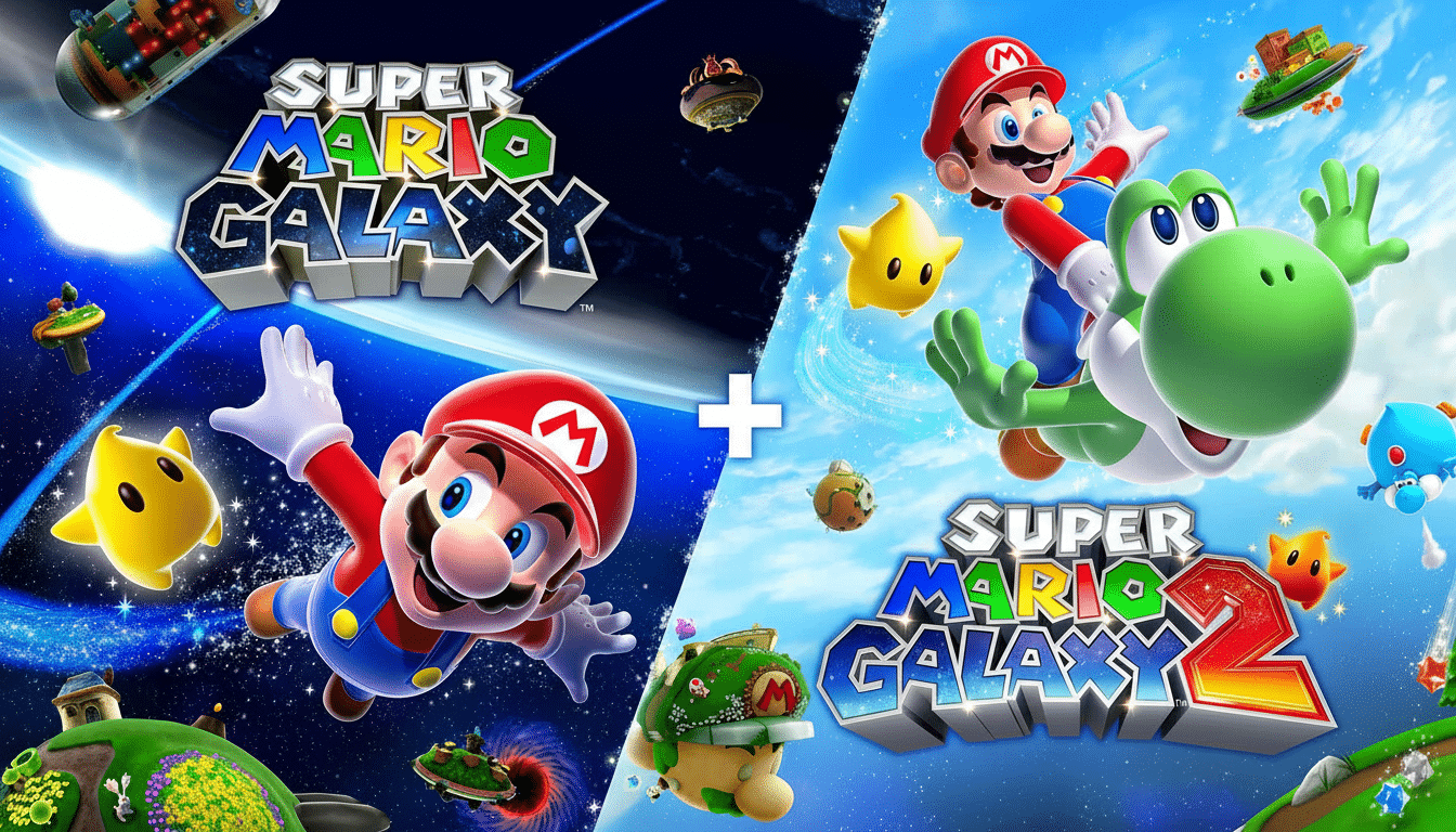 The resized and enhanced cover art for Super Mario Galaxy and Super Mario Galaxy 2, presented in a 16: 9 aspect ratio, featuring Mario, Yoshi, and var