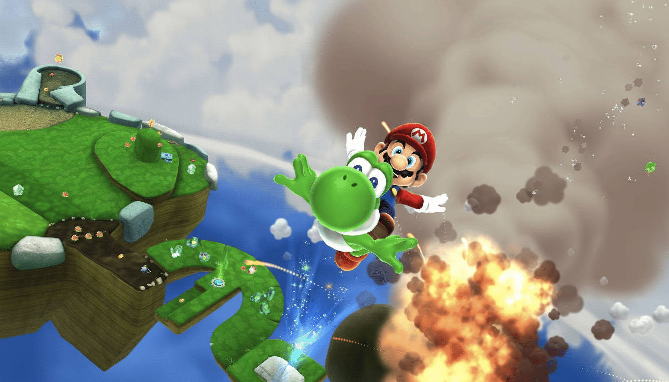 Mario riding Yoshi in a dynamic airborne scene, with a green floating island to the left and an explosion with smoke and particles on the right.
