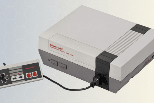 A Nintendo Entertainment System console and controller , with the console connected via a black cable to a controller , set against a professional flat design background with soft geometric patterns. Filename : nintendo nesconsole controller .png
