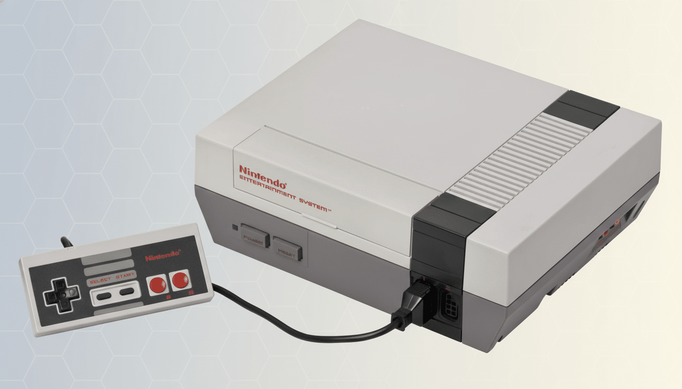 A Nintendo Entertainment System console and controller , with the console connected via a black cable to a controller , set against a professional flat design background with soft geometric patterns. Filename : nintendo nesconsole controller .png