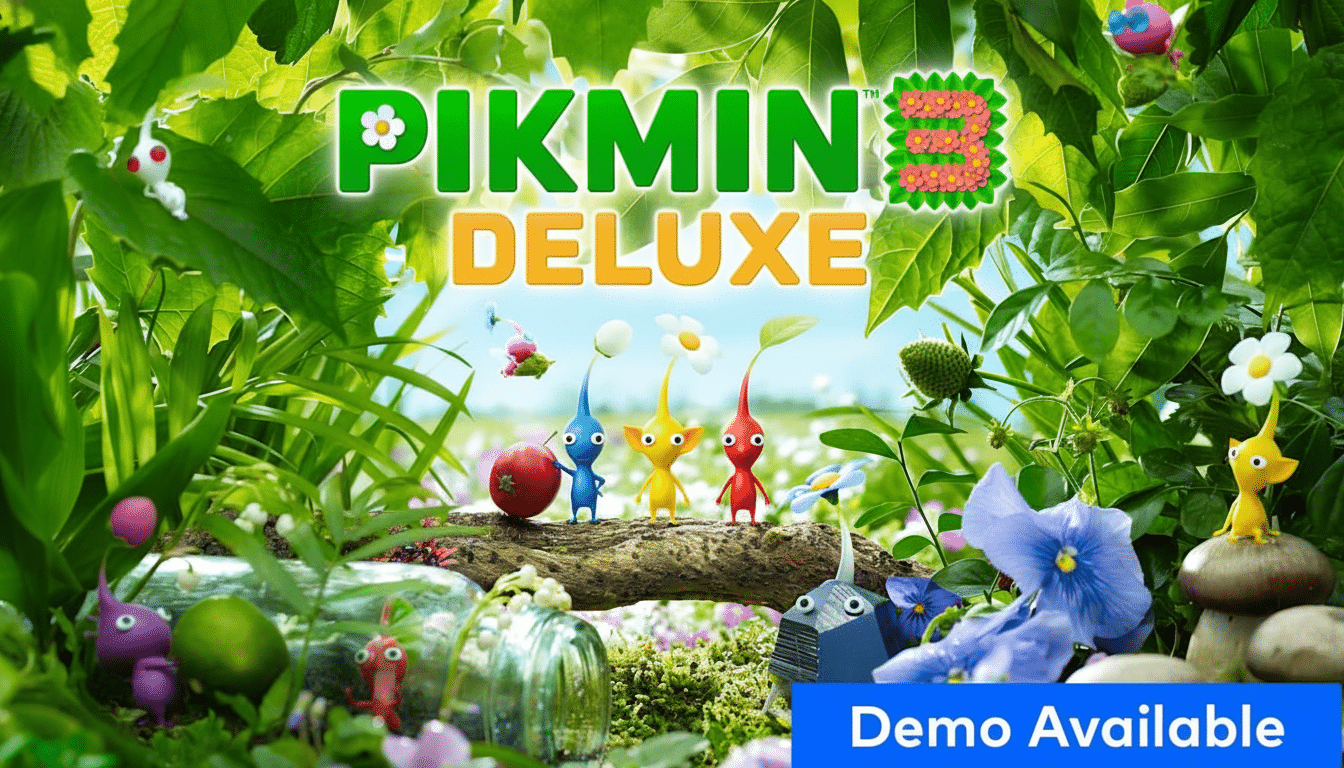 The Pikmin 3 Deluxe game logo is displayed above three colorful Pikmin characters (blue, yellow , red) standing on a log, surrounded by lush green foliage and tiny creatures , with a Demo Available banner in the bottom right corner .