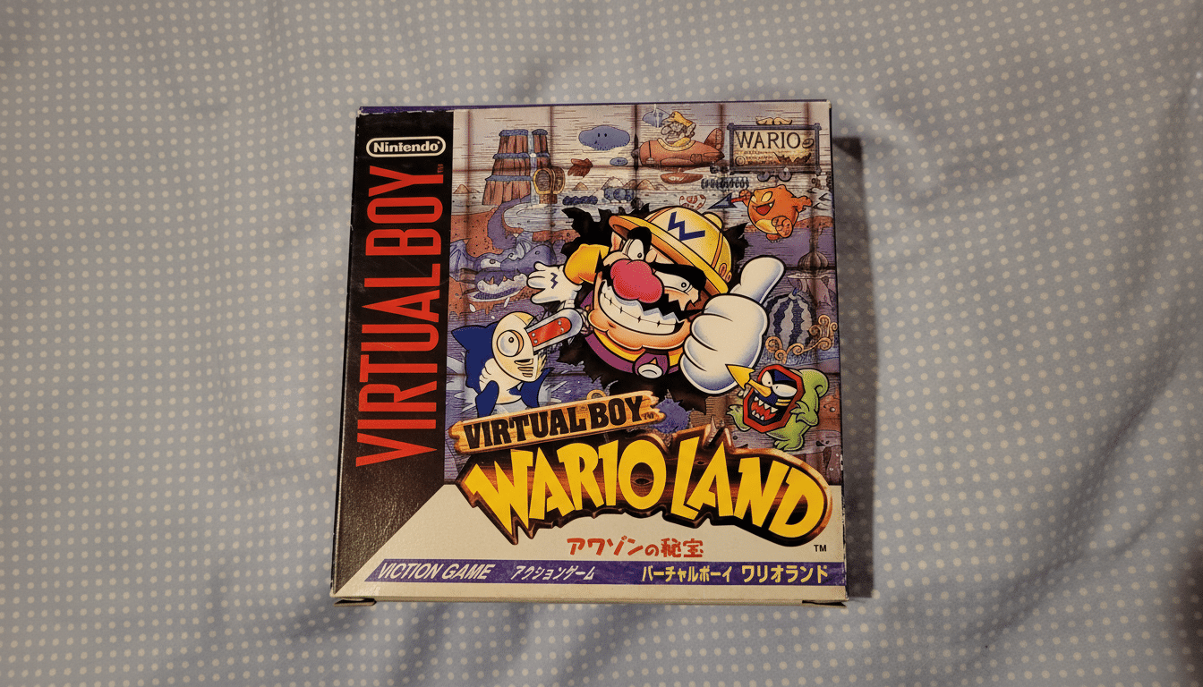 The box art for the Virtual Boy game Wario Land, featuring W ario giving a thumbs up and surrounded by various enemies and characters from the game.