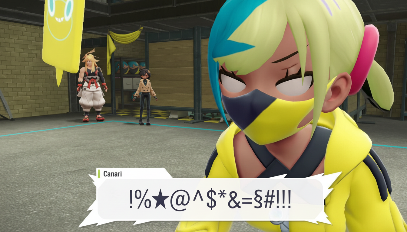 A screenshot from a video game showing a character named Canari with yellow and blue hair, wearing a yellow and black outfit, with a speech bubble containing symbols. Two other characters are visible in the background.