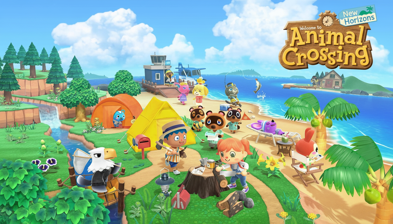 A vibrant, wide-angle scene from Animal Crossing: New Horizons, featuring various animal characters and a human player character engaged in island activities like fishing, crafting, and relaxing, with tents, trees, and ocean in the background.