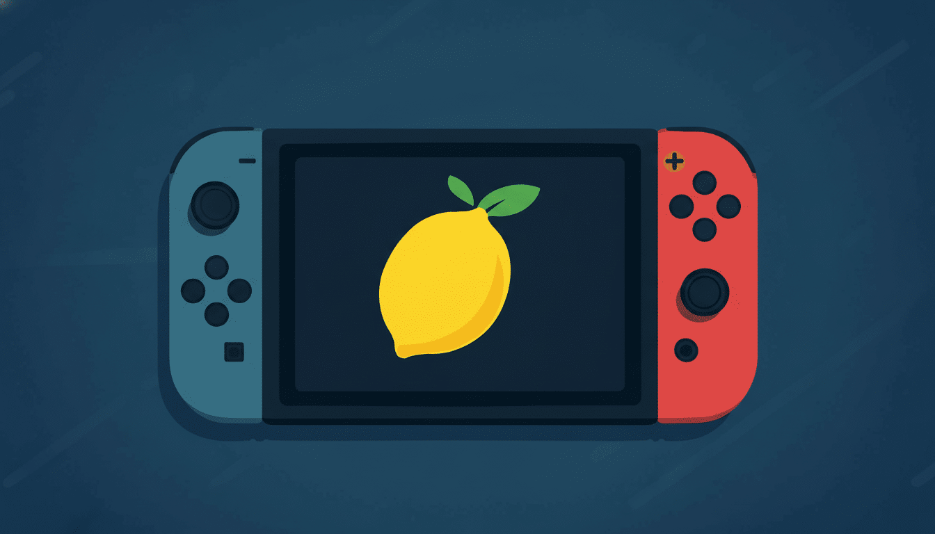 A Nintendo Switch console with a lemon icon on its screen, set against a dark blue background with subtle lines.