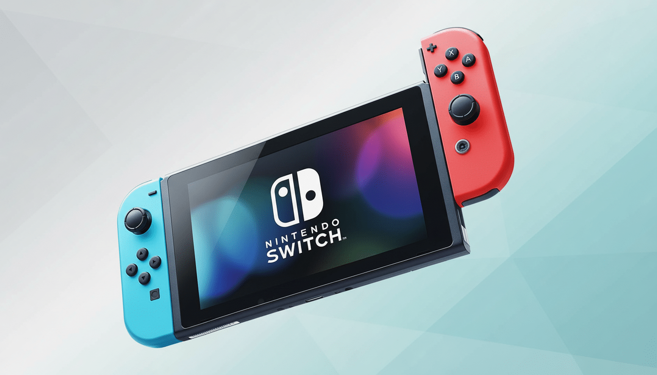A Nintendo Switch console with blue and red Joy-Con controllers, displayed against a professional flat design background with soft patterns and gradie