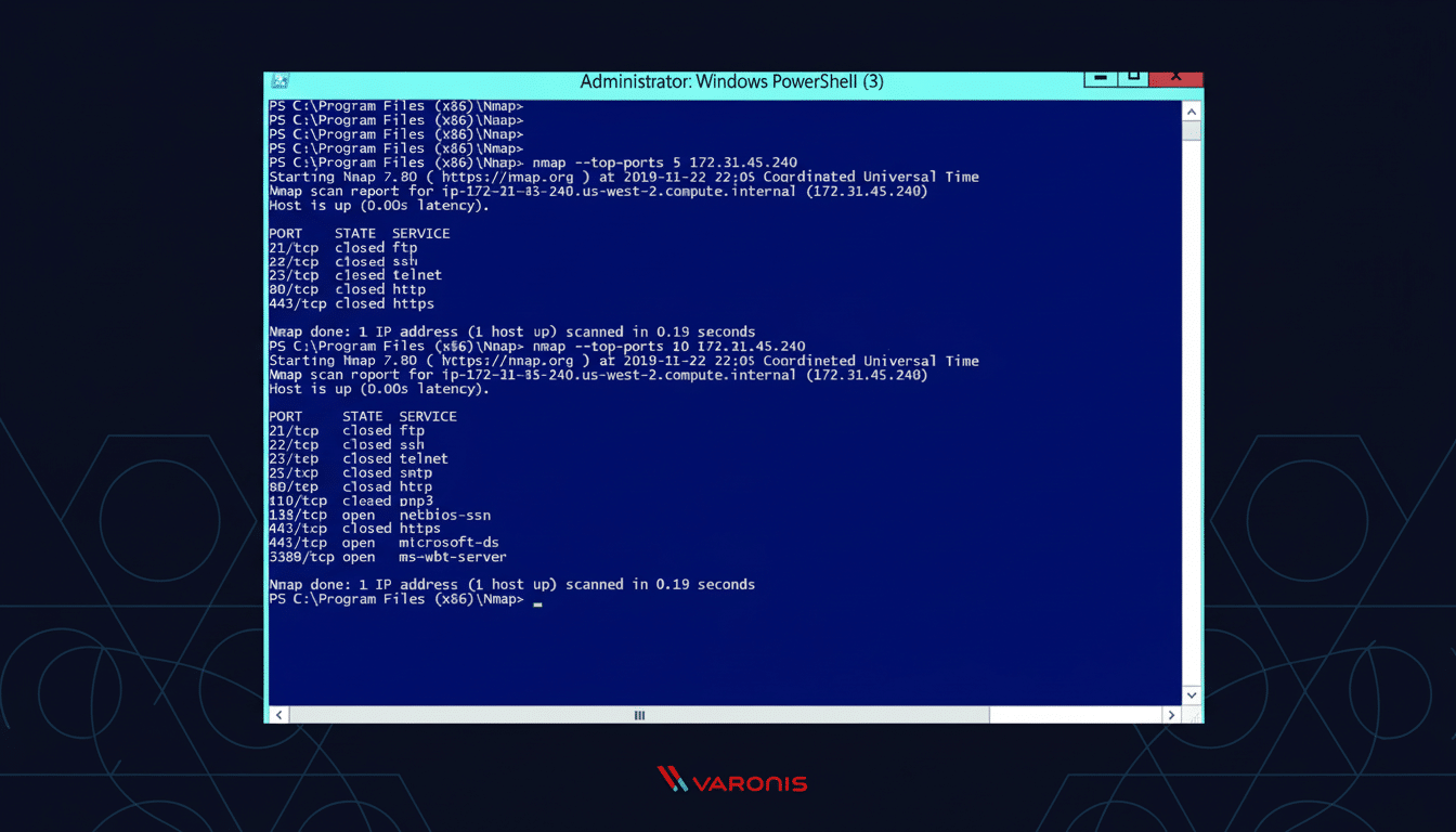 A Windows PowerShell window displaying Nmap scan results, showing open and closed ports for two IP addresses, with a professional dark background feat