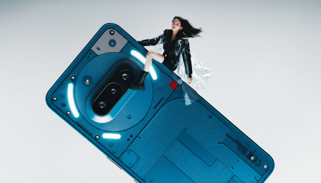 A woman in a black leather jacket and a sheer white skirt sits atop a large, blue smartphone with glowing white lights on its back, set against a light gray background.