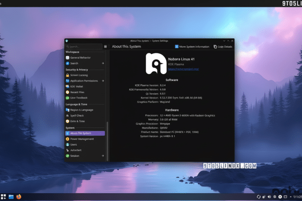 Screenshot of Nobara Linux 41 KDE Plasma desktop, displaying the About This System settings window with system information.