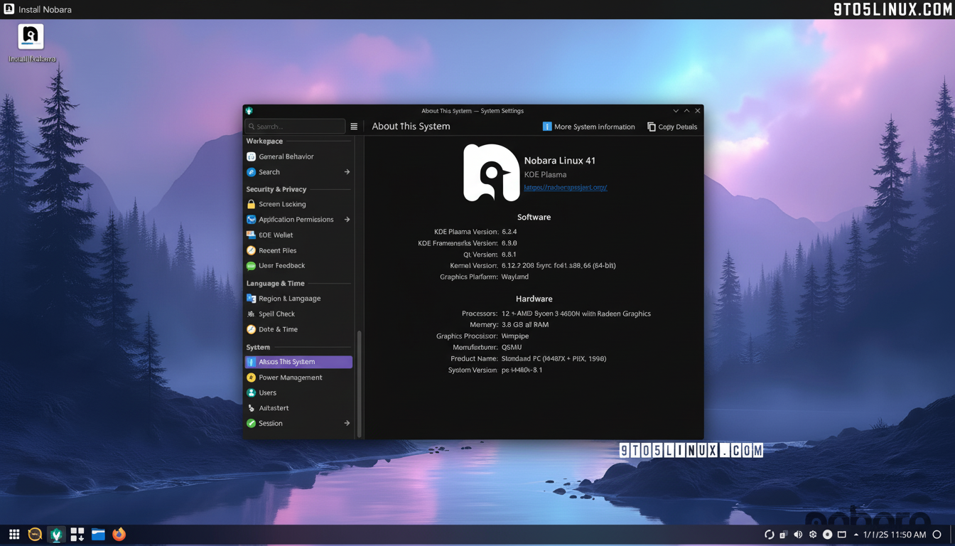 Screenshot of Nobara Linux 41 KDE Plasma desktop, displaying the About This System settings window with system information.