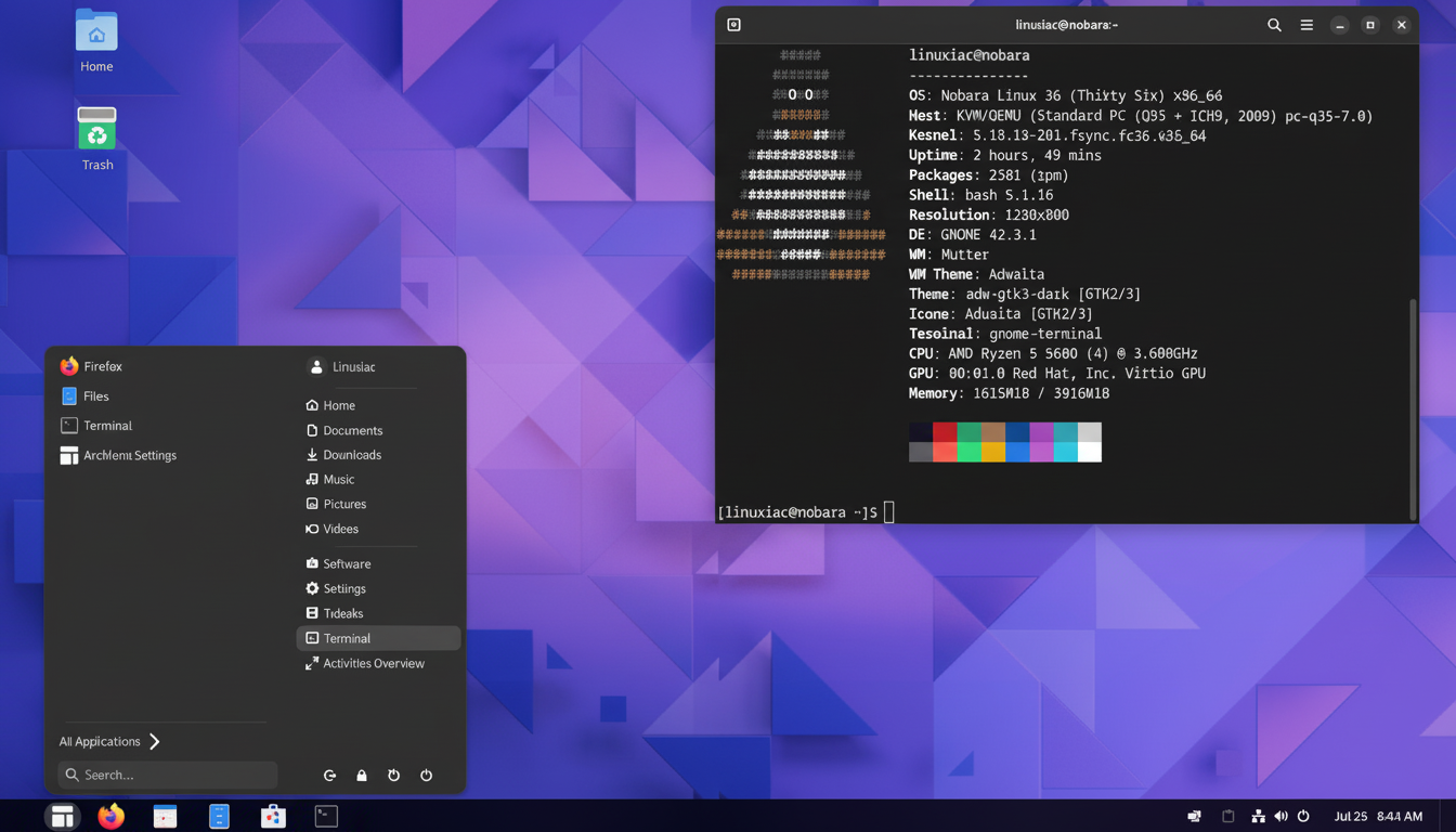 A screenshot of a Linux desktop environment ( Nob ara 36 ) with a terminal window displaying system information and a menu open on the left.
