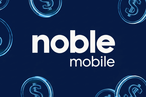 The noble mobile logo in white text against a deep blue background, surrounded by glowing blue dollar coin icons.