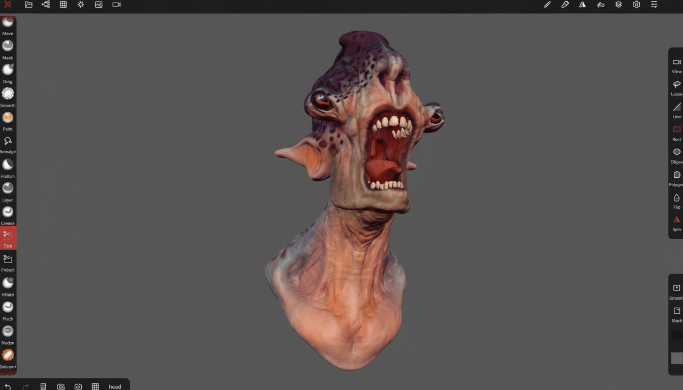 A 3D model of a monstrous creature's head , with grotesque features and an open mouth, displayed within a digital sculpting software interface.