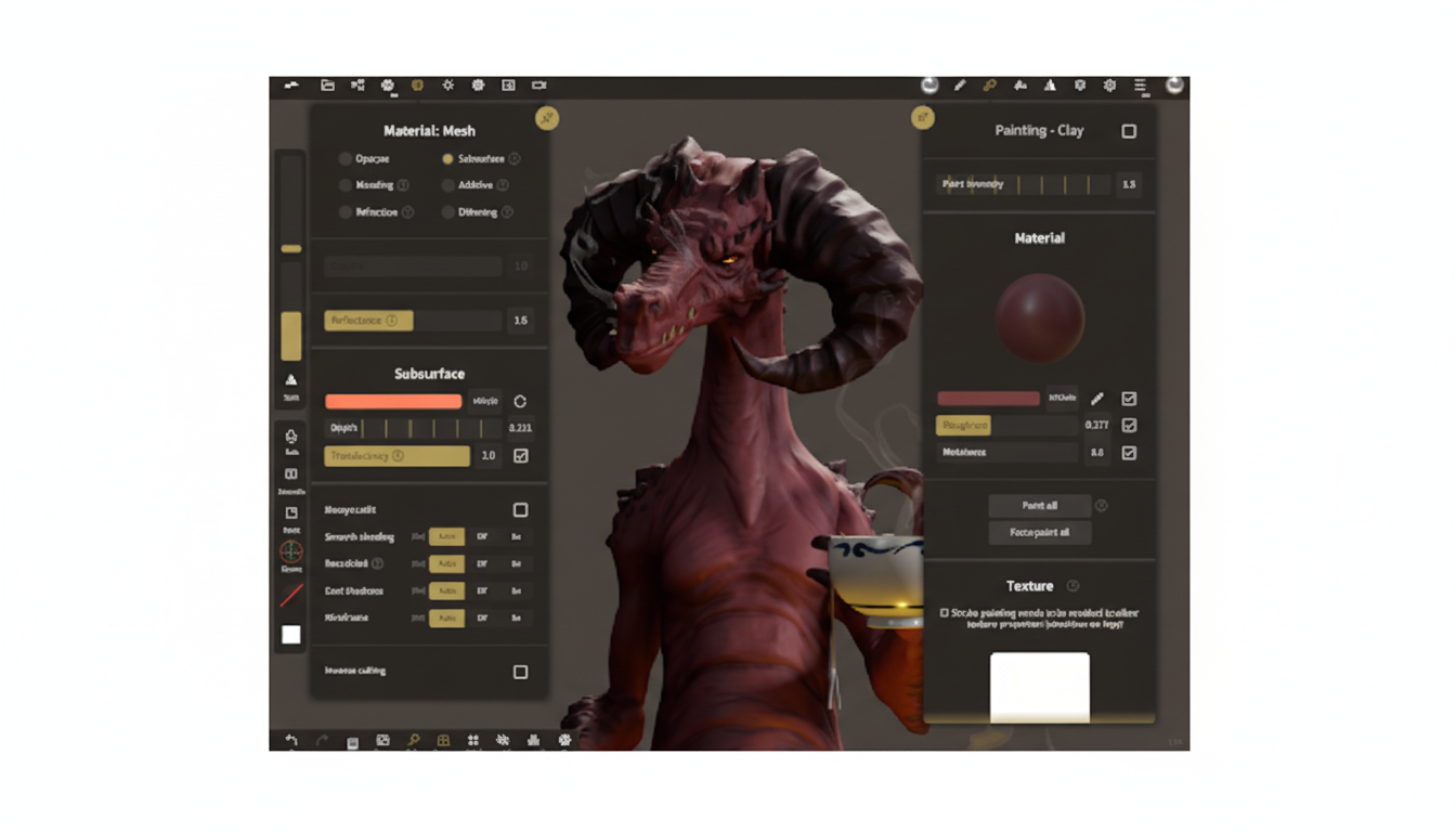 A 3D modeling software interface displaying a red dragon model with various material and painting settings.