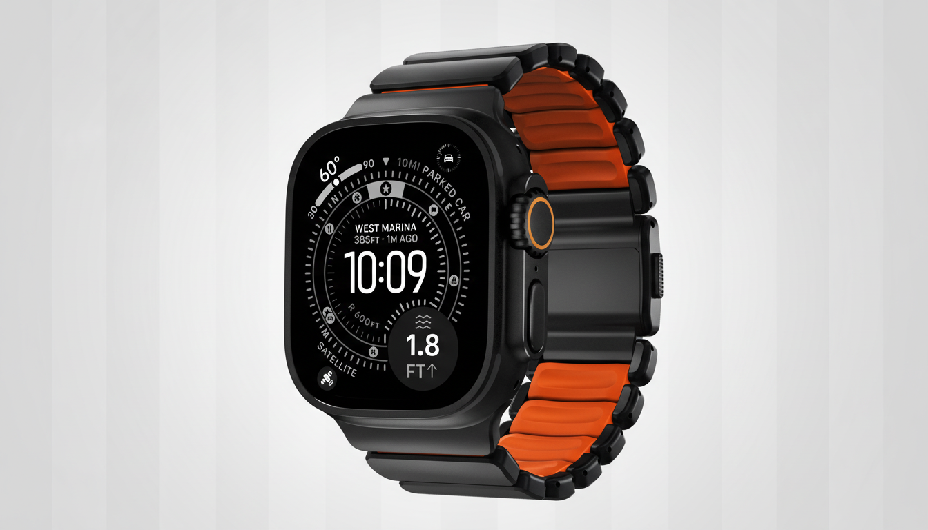 A black smartwatch with an orange band is displayed on a professional flat design background with soft gray patterns.
