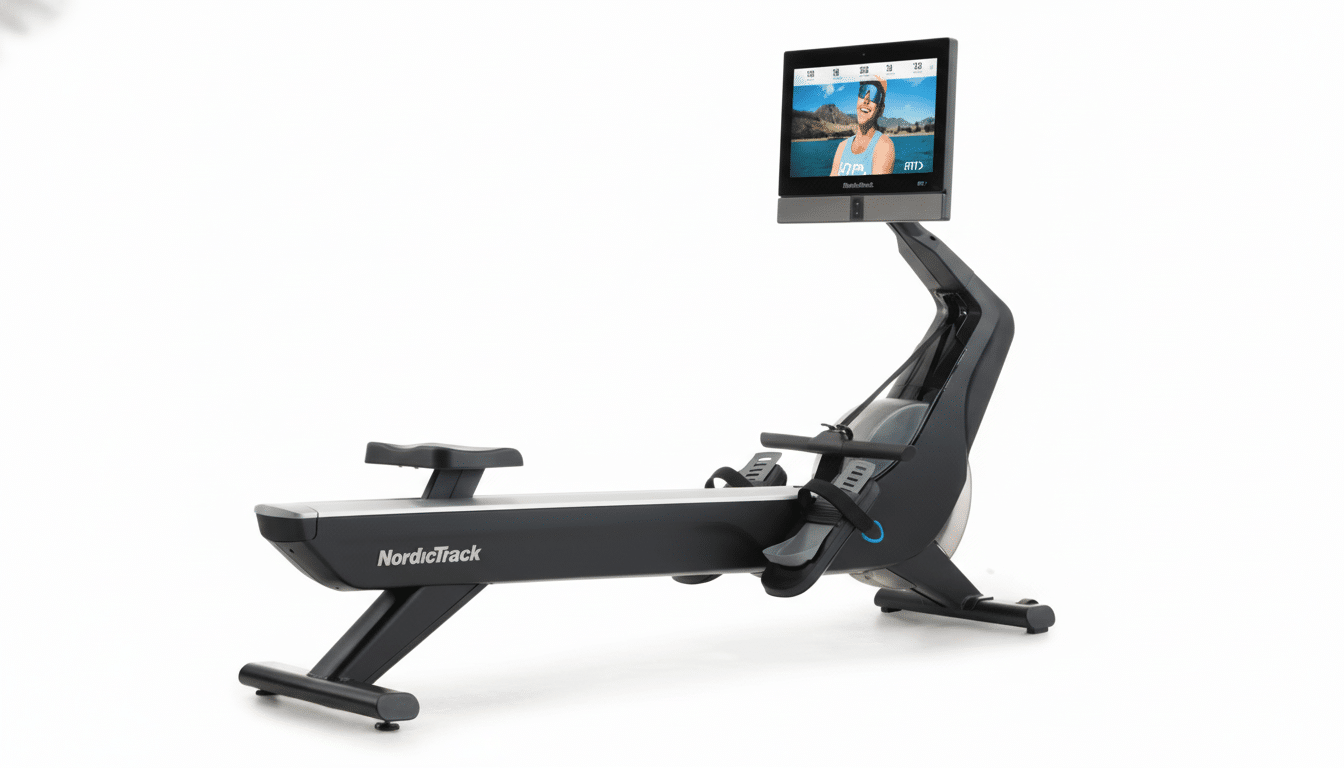 A professional , enhanced image of a NordicTrack rowing machine with a large screen displaying an exercise program , set against a clean white background.