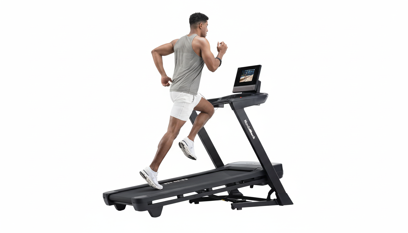 A man in a grey tank top and white shorts is running on a black treadmill with a screen displaying a scenic outdoor path.