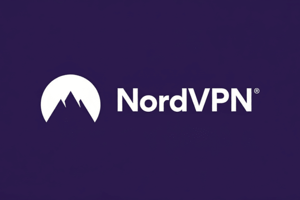 The NordVPN logo, featuring a white mountain peak icon next to the word NordVPN in white text , all set against a solid deep purple background. The image has been resized to a 16: 9 aspect ratio.