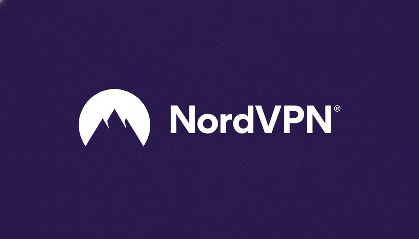 The NordVPN logo, featuring a white mountain peak icon next to the word NordVPN in white text , all set against a solid deep purple background. The image has been resized to a 16: 9 aspect ratio.
