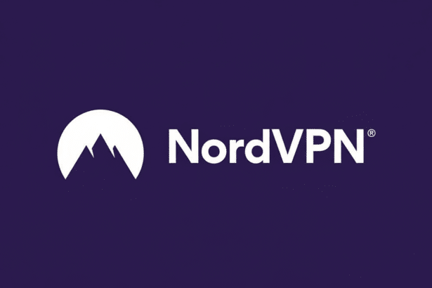 The Nord VPN logo, featuring a white mountain icon next to the word NordVPN in white text , all set against a solid purple background, resized to a 16: 9 aspect ratio.