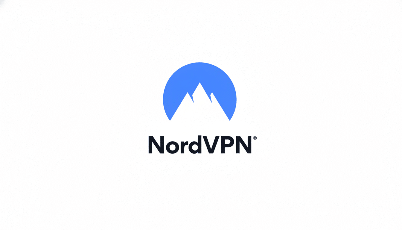 Nord VPN logo with a blue mountain icon and the word  NordVPN in dark text below it , centered on a clean white background.