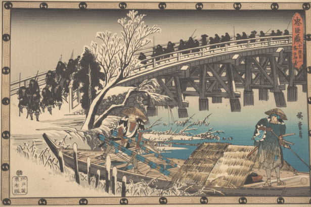 A traditional Japanese woodblock print depicting travelers by a river with a bridge, resized to a 1 6: 9 aspect ratio.