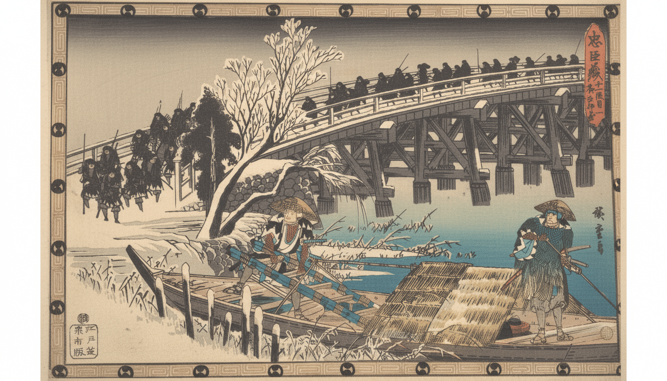 A traditional Japanese woodblock print depicting travelers by a river with a bridge, resized to a 1 6: 9 aspect ratio.