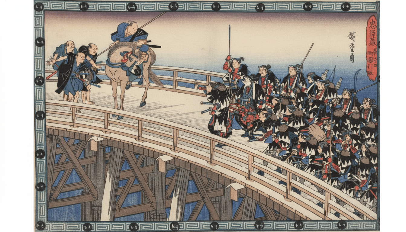 A Japanese woodblock print depicting a group of samurai on a snowy bridge, with one samurai on horseback.
