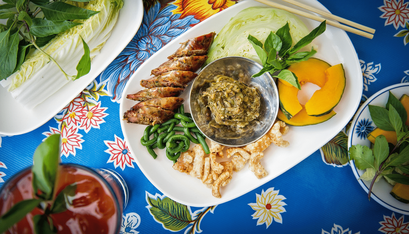 An overhead shot of a platter of Northern Thai food with various components, including sai o ua (Thai sausages), nam pri k no om (green chili dip), cr
