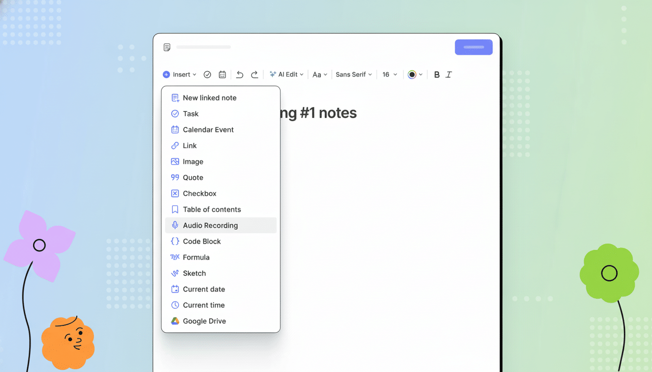 A professional screenshot of a note-taking application interface with a dropdown menu open, displaying options like New linked note, Task, Calendar Ev