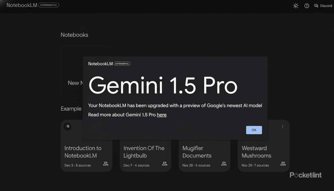Screenshot of Google s NotebookLM interface with a pop -up announcing the upgrade to Gemini 1.5 Pro.